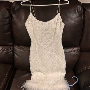 Windsor White Lace Dress with Feather Detail